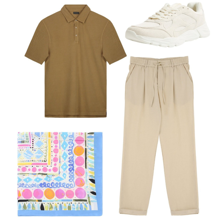 Outfit uomo - Total look. Stile Casual per Tutti i giorni. Abbinamento con sneakers, pantaloni, sciarpe e foulard, polo.