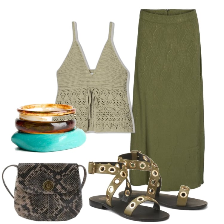 Outfit mujer - Boho #2111. Estilo Boho para Todos los días. Combinación con falda longuette, sandalias de piel, top, pulseras, bolsos de mano.