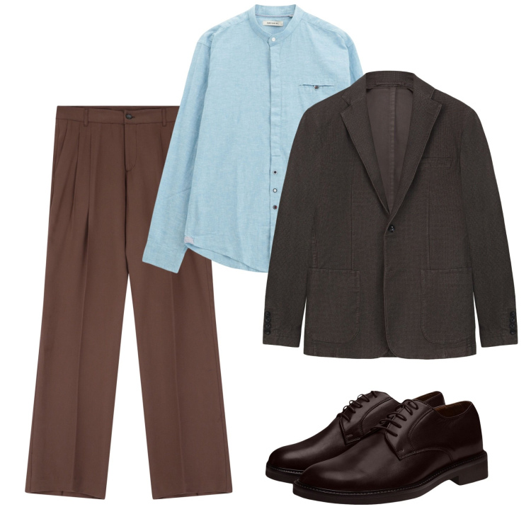 Outfit uomo - Confetto e cacao. Stile Trendy per Serata speciale. Abbinamento con pantaloni, camicie, scarpe stringate, giacche.