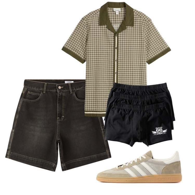 Outfit uomo - Luglio. Stile Casual per Tutti i giorni. Abbinamento con boxer, camicie a manica corta, bermuda, sneakers.