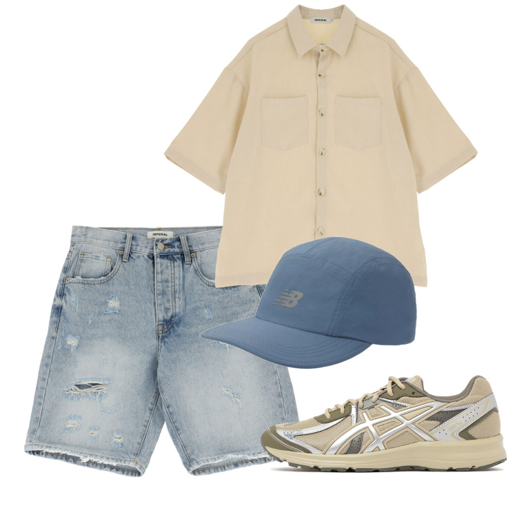Outfit uomo - Luglio. Stile Casual per Tutti i giorni. Abbinamento con cappelli con visiera, camicie a manica corta, bermuda, sneakers.