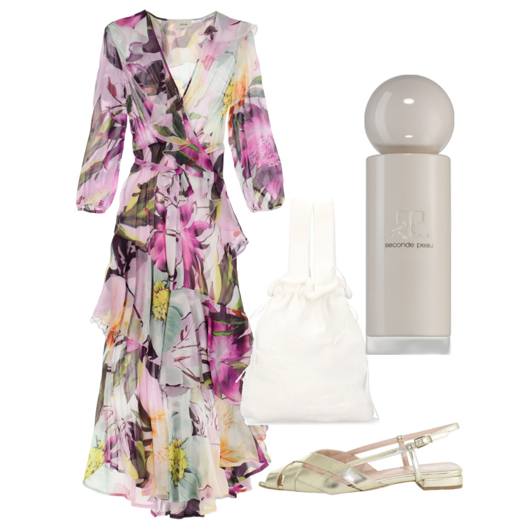 Outfit donna - Luglio. Stile Chic per Cerimonia. Abbinamento con profumi, vestiti lunghi, sandali, borse a mano.