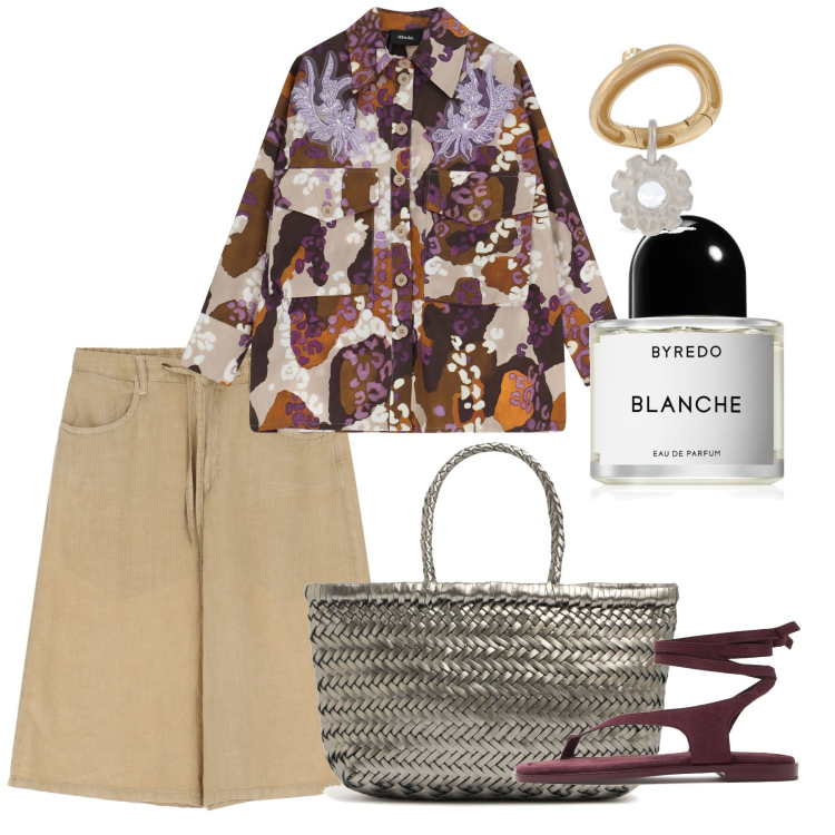 Outfit donna - Skyathos. Stile Casual chic per Serata fuori. Abbinamento con profumi, shorts, camicie, sandali in pelle, orecchini, borse a mano.