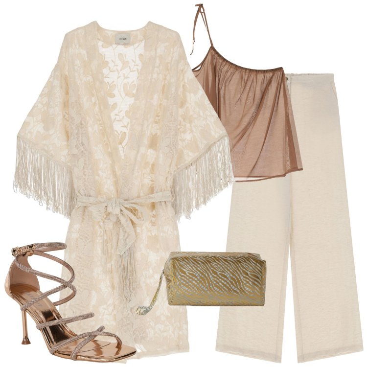 Outfit donna - Serata chic. Stile Casual chic per Serata fuori. Abbinamento con sandali col tacco, pochette, top, cappotti, pantaloni.