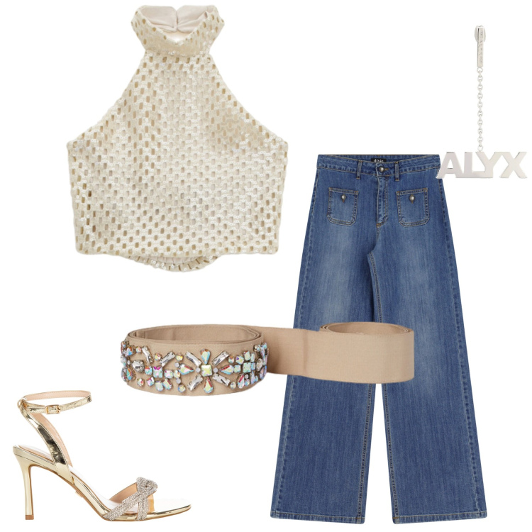 Outfit donna - Look scintillante. Stile Casual chic per Serata fuori. Abbinamento con sandali col tacco, top, jeans, cinture, orecchini.