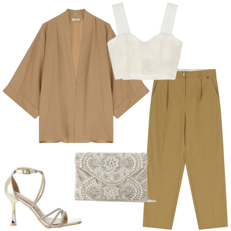 Outfit donna - Coordinato mocha mousse. Stile Casual chic per Serata fuori. Abbinamento con pochette, sandali col tacco, pantaloni, top, blazer.