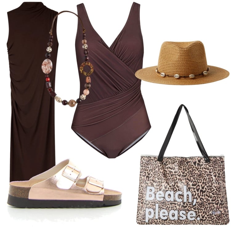 Outfit donna - Glamour. Stile Etnico per Mare. Abbinamento con costumi interi, vestiti lunghi, borse tote, cappelli, ciabatte, collane.
