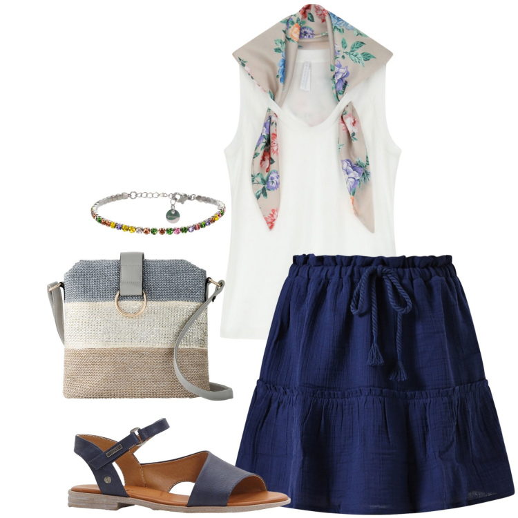 Outfit donna - La minigonna con balza. Stile Casual per Tutti i giorni. Abbinamento con sandali, borse a tracolla, gonne, top, braccialetti.
