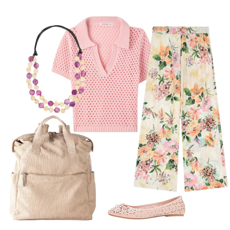 Outfit donna - Pratica ma con un tocco di eleganza. Stile Casual chic per Tutti i giorni. Abbinamento con ballerine, zaini, polo, pantaloni a palazzo, collane.