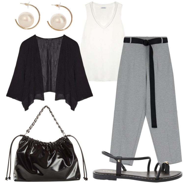 Outfit donna - Total look #2210219. Stile Casual per Ufficio. Abbinamento con shopping bag, pantaloni, orecchini, sandali, top, bolero.
