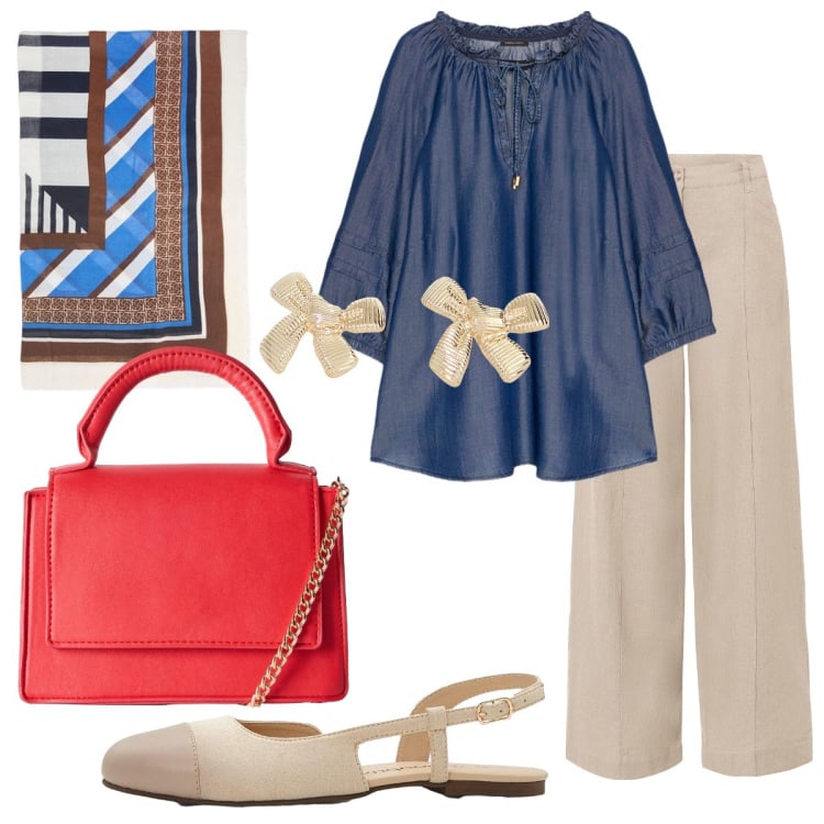 Outfit donna - La blusa in denim. Stile Bon Ton per Ufficio. Abbinamento con pantaloni a palazzo, ballerine, borse a tracolla, orecchini, bluse, foulard.