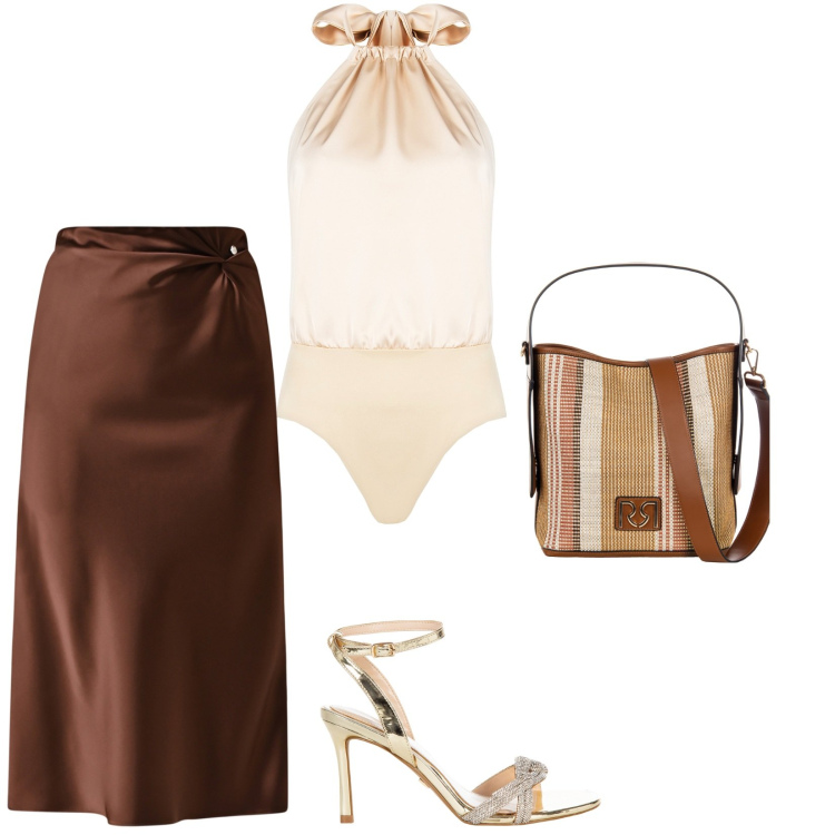 Outfit donna - Champagne e cioccolato. Stile Chic per Tutti i giorni. Abbinamento con gonne longuette, body, sandali col tacco, borse a secchiello.