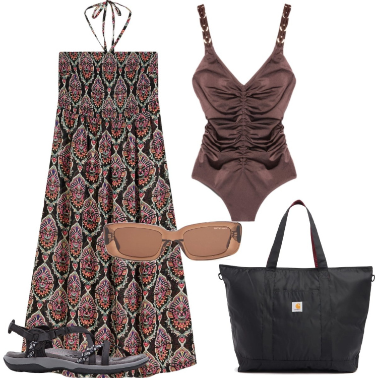 Outfit donna - In spiaggia. Stile Minimal per Mare. Abbinamento con vestiti da spiaggia, sandali, costumi interi, occhiali da sole, shopping bag.