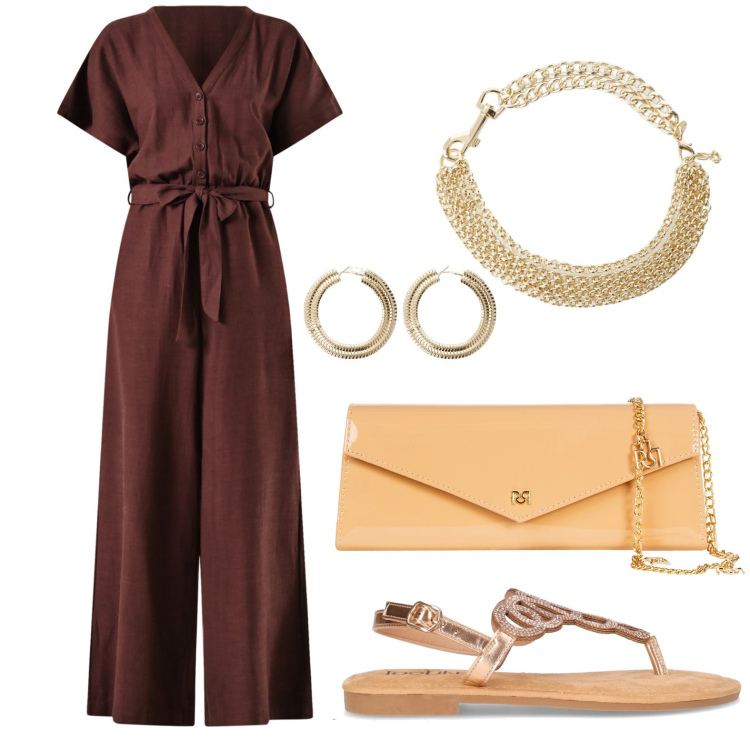 Outfit donna - L\'accessorio fa la differenza. Stile Casual chic per Serata fuori. Abbinamento con tute, pochette, collane, orecchini, sandali in pelle.