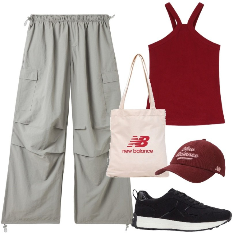 Outfit donna - Total look #2210250. Stile Urban per Sport. Abbinamento con sneakers, cappelli con visiera, shopping bag, pantaloni cargo, top.