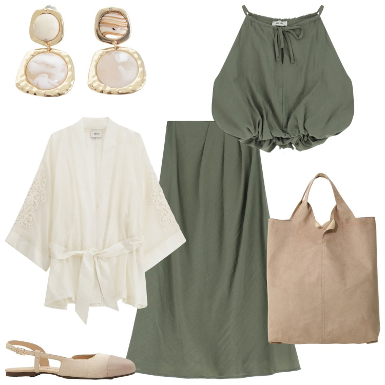 Outfit donna - Saldi Dixie: dall\'ufficio all\'aperitivo. Stile Trendy per Tutti i giorni. Abbinamento con ballerine, gonne lunghe, orecchini, shopping bag, top, cappotti.