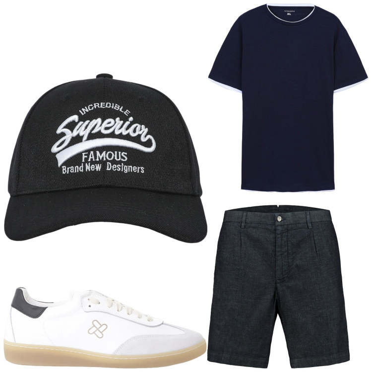 Outfit uomo - Black and white. Stile Casual per Tutti i giorni. Abbinamento con cappelli con visiera, t-shirt, sneakers, bermuda.