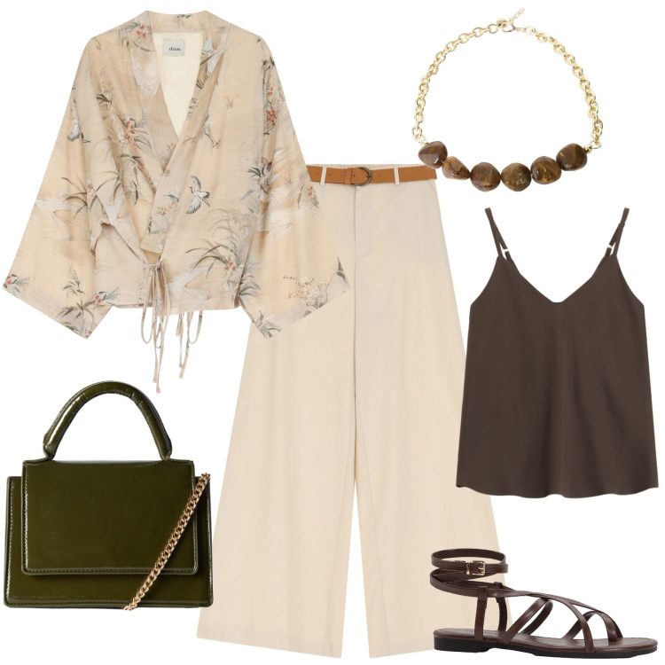 Outfit donna - Saldi Dixie: dall\'ufficio all\'aperitivo. Stile Trendy per Tutti i giorni. Abbinamento con sandali, borse a tracolla, pantaloni, trench, top, collane.