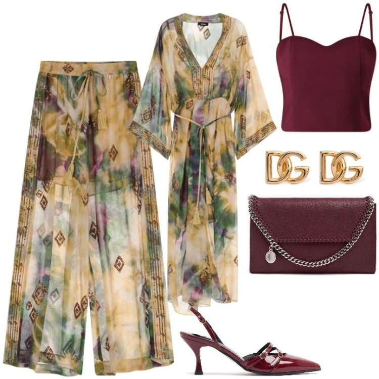 Outfit donna - Fantasia colorata e vibrante.. Stile Chic per Cerimonia. Abbinamento con top, vestiti lunghi, pantaloni a palazzo, orecchini, décolleté, pochette.