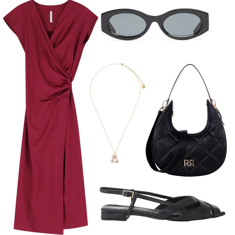 Outfit donna - Giornata in ufficio. Stile Chic per Ufficio. Abbinamento con borse a tracolla, vestiti midi/longuette, sandali, ciondoli, occhiali da sole.
