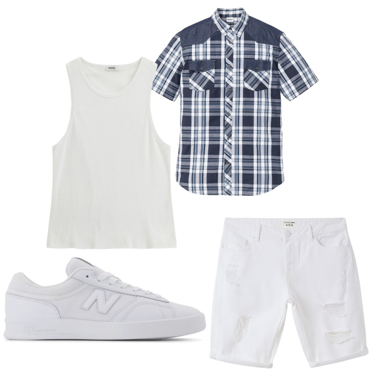 Outfit uomo - Quadretti. Stile Casual per Tutti i giorni. Abbinamento con camicie a manica corta, bermuda, sneakers, canottiere.