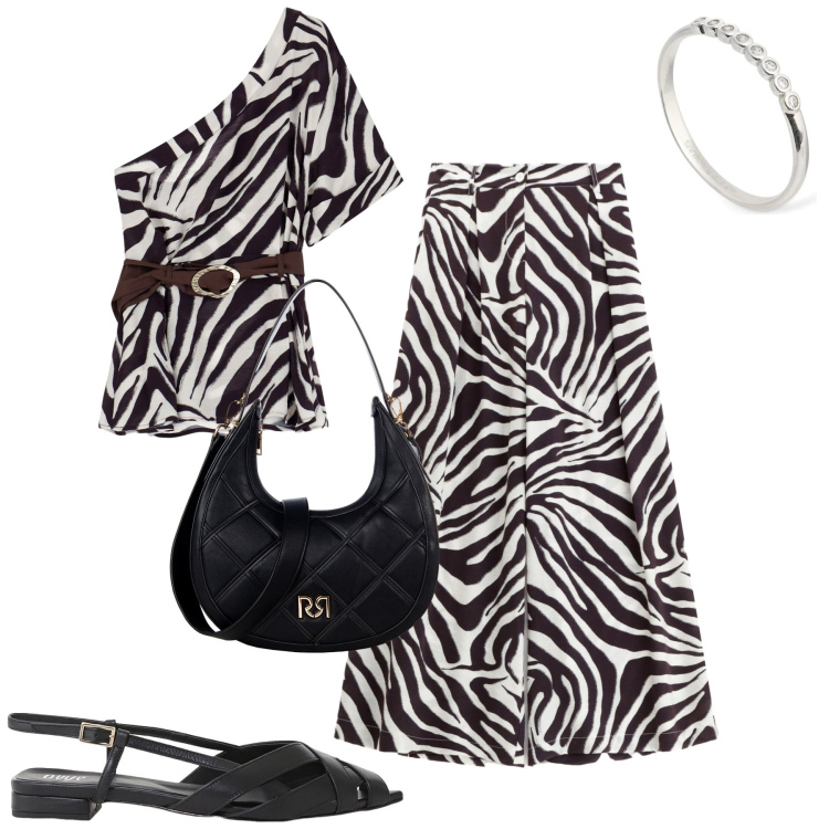 Outfit donna - Total look #2210281. Stile Trendy per Tutti i giorni. Abbinamento con borse a tracolla, top, pantaloni, sandali, anelli.