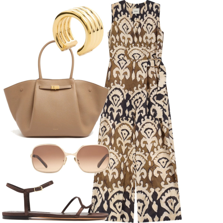 Outfit donna - Luglio. Stile Etnico per Tutti i giorni. Abbinamento con tute, sandali in pelle, shopping bag, occhiali da sole, orecchini.