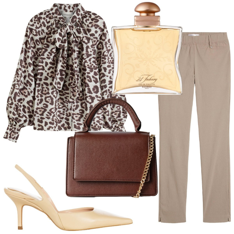 Outfit donna - La blusa animalier. Stile Chic per Serata fuori. Abbinamento con camicie, pantaloni, profumi, borse a tracolla, décolleté.