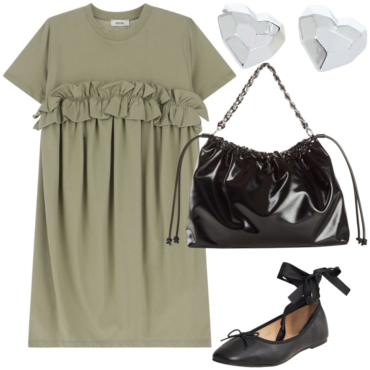 Outfit donna - Verde salvia bon ton. Stile Bon Ton per Tutti i giorni. Abbinamento con shopping bag, ballerine, orecchini, vestiti corti.