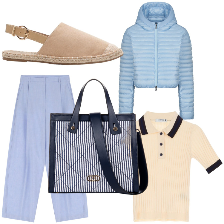 Outfit donna - Centro paese di montagna. Stile Casual chic per Tutti i giorni. Abbinamento con espadrillas, shopping bag, maglieria, pantaloni, piumini.