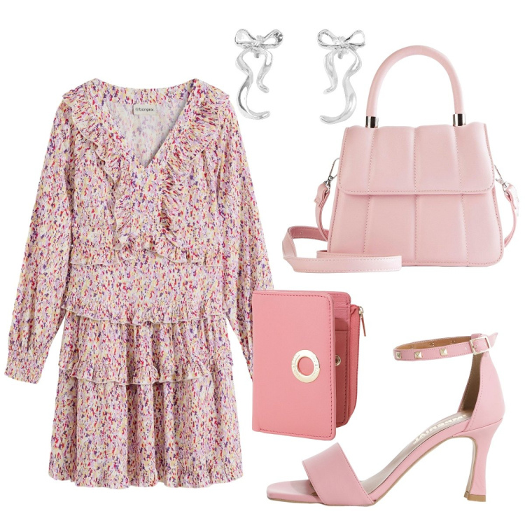 Outfit donna - L’abitino romantico con le balze. Stile Romantica per Serata fuori. Abbinamento con vestiti, borse a tracolla, orecchini, sandali col tacco, portafogli.