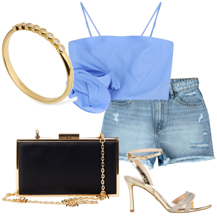 Outfit donna - Aperitivo sui navigli. Stile Sexy per Serata fuori. Abbinamento con shorts, pochette, sandali col tacco, top, anelli.