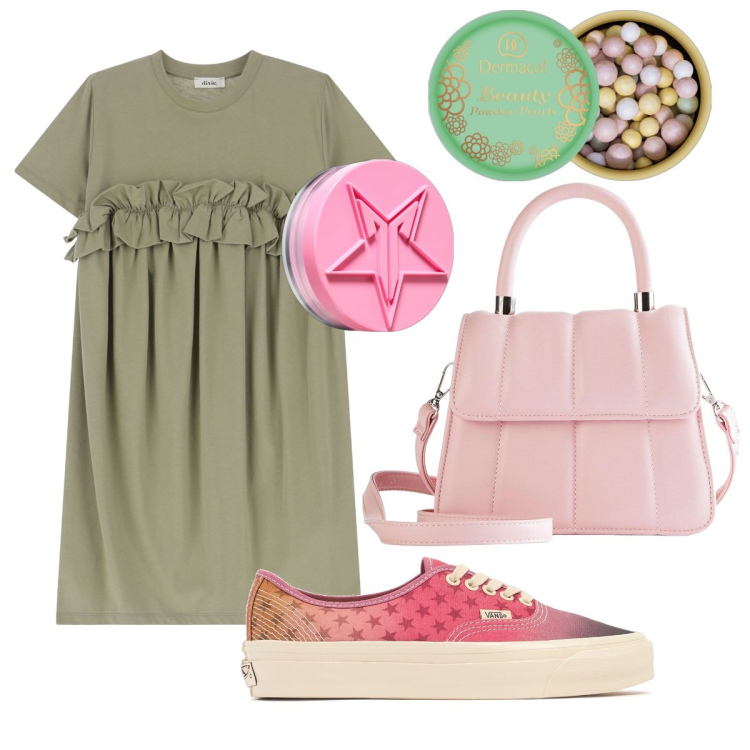 Outfit donna - Le Vans con le stelline. Stile Casual chic per Tutti i giorni. Abbinamento con borse a tracolla, fondotinta, blush, vestiti corti, sneakers.