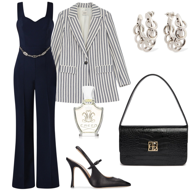 Outfit donna - Chic x la sera. Stile Chic per Serata fuori. Abbinamento con profumi, tute, blazer, orecchini, borse a spalla, décolleté.