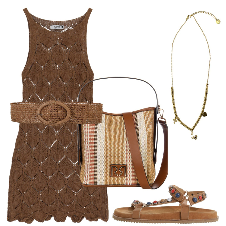 Outfit donna - Marrone di giorno. Stile Casual per Tutti i giorni. Abbinamento con cinture, borse a secchiello, vestiti corti, sandali, ciondoli.