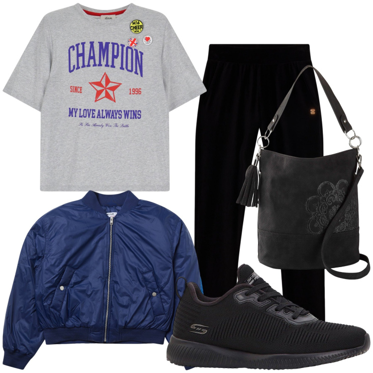 Outfit donna - Dopo un temporale rinfrescante. Stile Casual per Tutti i giorni. Abbinamento con borse a mano, sneakers, bomber, pantaloni, t-shirt.