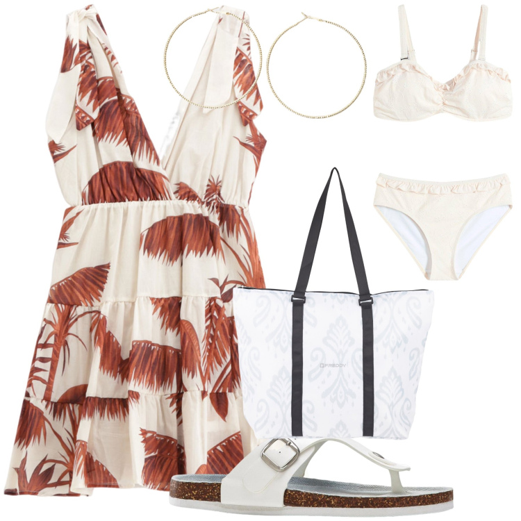 Outfit donna - Bikini bianco. Stile Bon Ton per Mare. Abbinamento con infradito, bikini, vestiti corti, shopping bag, orecchini.
