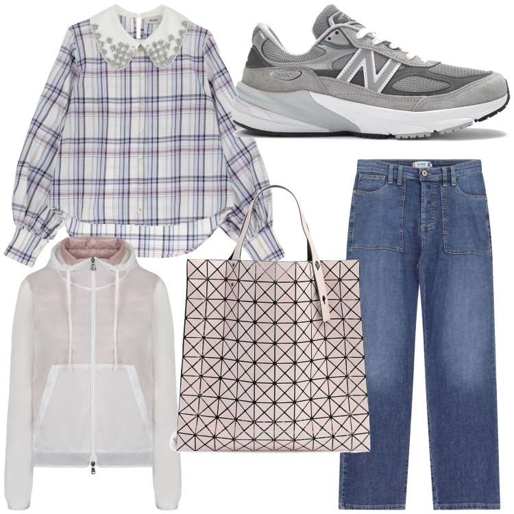 Outfit donna - Paese di montagna. Stile Basic per Tutti i giorni. Abbinamento con sneakers, jeans dritti, camicie, blazer, shopping bag.
