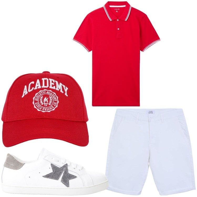 Outfit uomo - Academy. Stile Casual per Tutti i giorni. Abbinamento con cappelli, polo, bermuda, sneakers.
