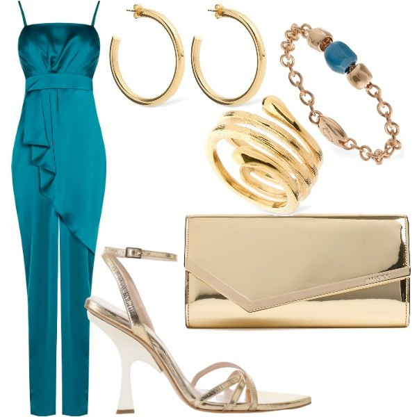 Outfit donna - Una serata speciale. Stile Glamour per Cerimonia. Abbinamento con tute, sandali col tacco, anelli, pochette, orecchini, anelli.