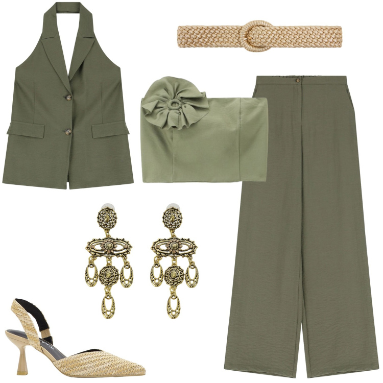 Outfit donna - Saldi Dixie: una serata tra amici. Stile Trendy per Serata fuori. Abbinamento con décolleté, cinture, gilet, top, orecchini, pantaloni.