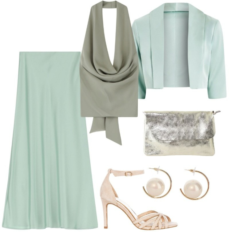 Outfit donna - Total look #2210339. Stile Chic per Cerimonia. Abbinamento con top, gonne lunghe, orecchini, borse a tracolla, sandali col tacco, bolero.