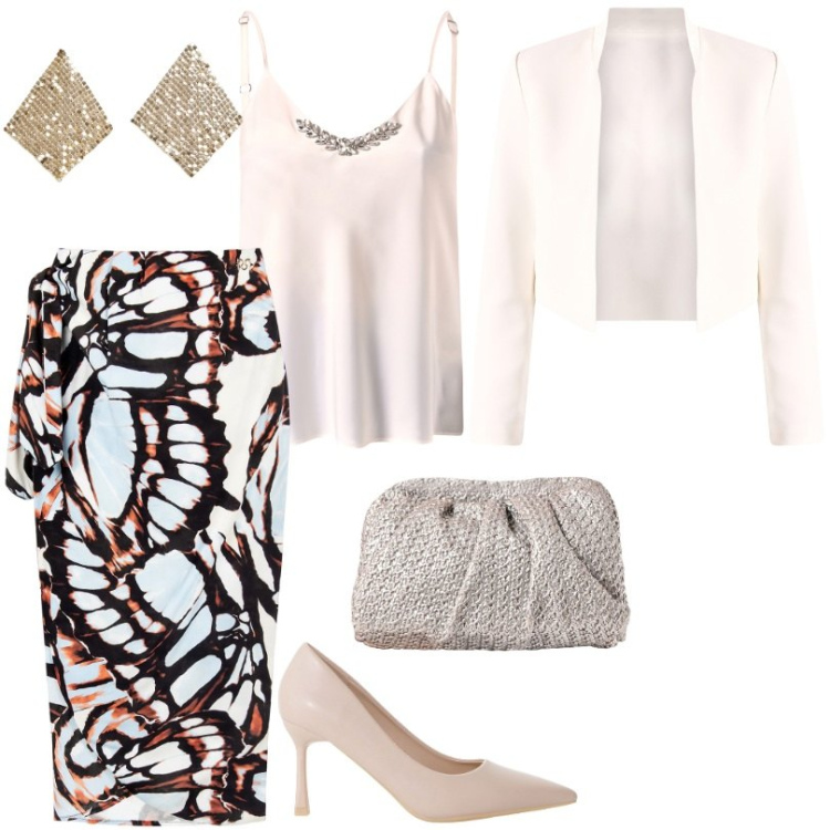 Outfit donna - Total look #2210340. Stile Chic per Tutti i giorni. Abbinamento con orecchini, gonne longuette, clutch, top, bolero, décolleté.