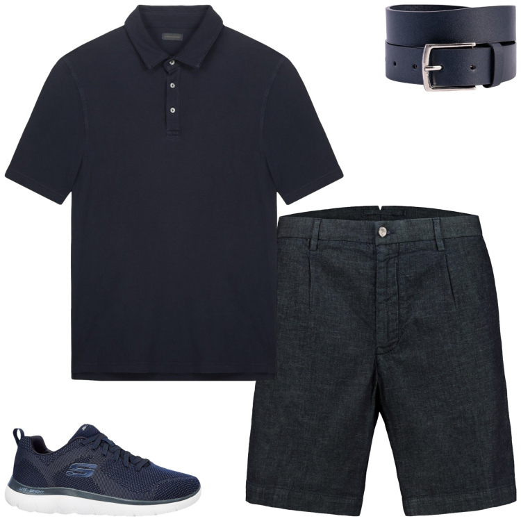 Outfit uomo - Total blu. Stile Casual per Tutti i giorni. Abbinamento con sneakers, polo, cinture, bermuda.