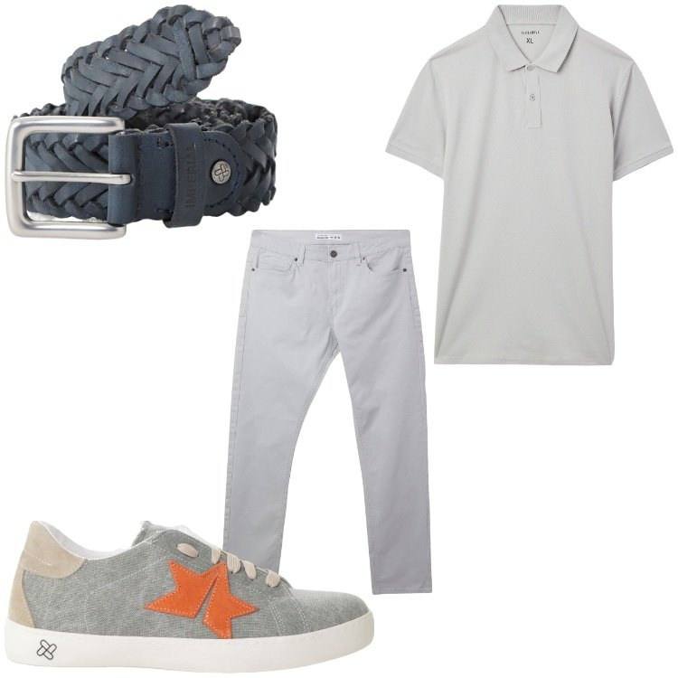 Outfit uomo - Grigio. Stile Casual per Tutti i giorni. Abbinamento con pantaloni skinny, polo, cinture, sneakers.