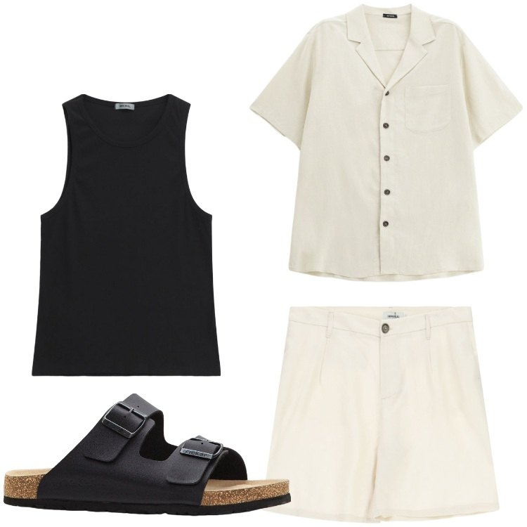 Outfit uomo - Relax. Stile Casual per Tutti i giorni. Abbinamento con sandali, bermuda, canottiere, camicie a manica corta.