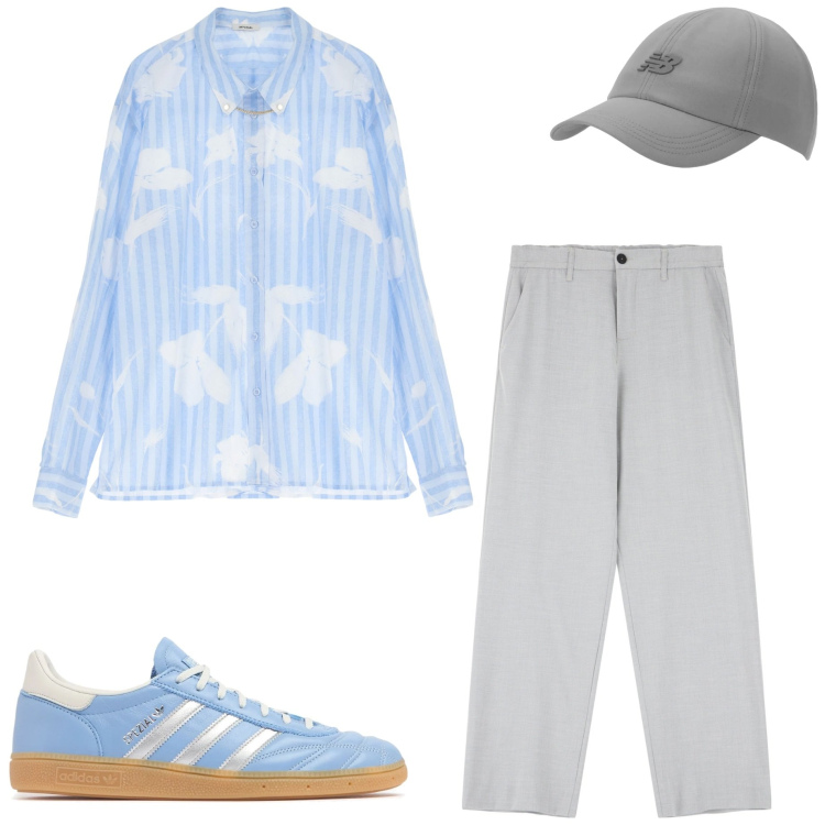 Outfit uomo - Casual look. Stile Urban per Serata speciale. Abbinamento con cappelli con visiera, camicie, pantaloni, sneakers.