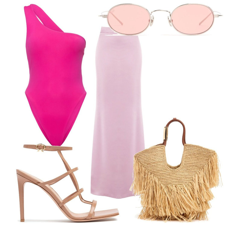 Outfit donna - Total look #2210354. Stile Trendy per Mare. Abbinamento con gonne lunghe, borse tote, costumi interi, sandali in pelle, occhiali da sole.