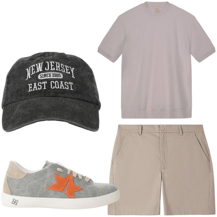 Outfit uomo - Star. Stile Casual per Tutti i giorni. Abbinamento con pantaloni corti, cappelli con visiera, sneakers, t-shirt.