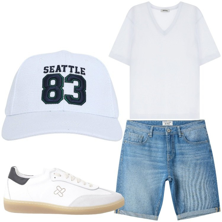 Outfit uomo - Casual. Stile Casual per Tutti i giorni. Abbinamento con bermuda, cappelli, sneakers, t-shirt.
